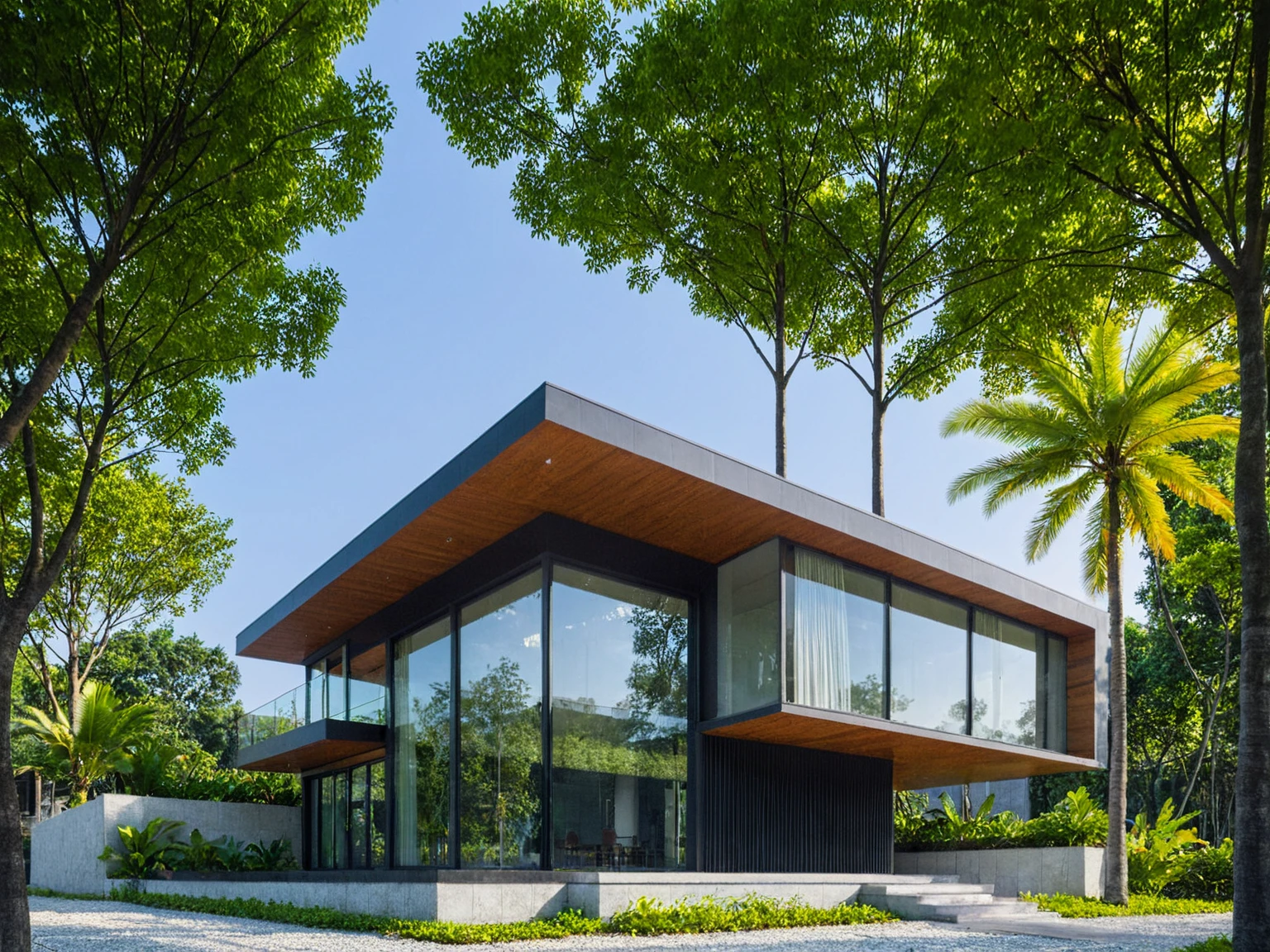 masterpiece, best quality, exterior design, single 1 storie modern house on the Vietnam village, modern dark tiled granite and white walls facade, wood cladding, large glass, minimalist modern style, green shrubs and tropical tree background, natural light, clear sky morning background, large door and windows,