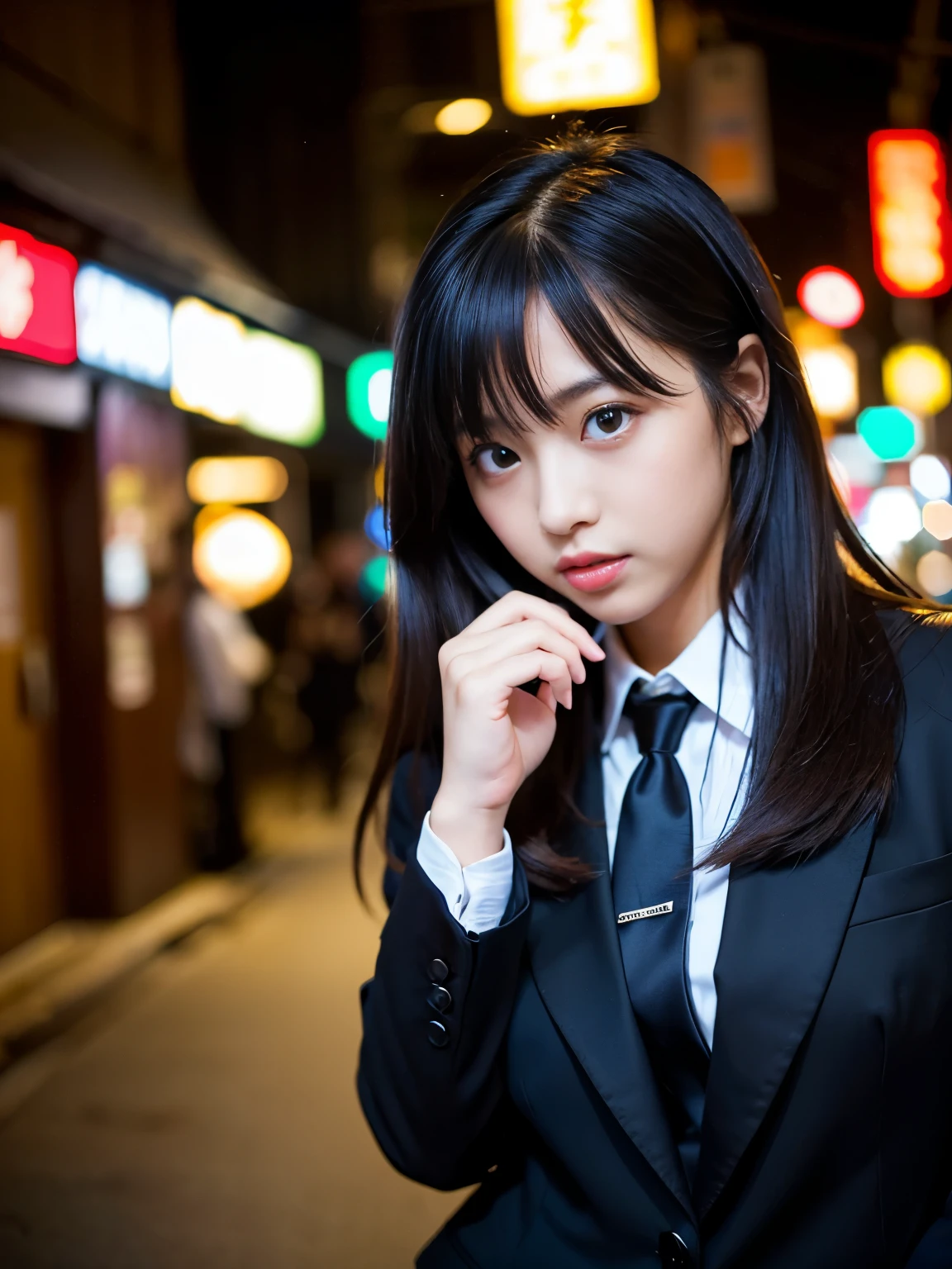 (Best-quality, Masterpiece, Ultra-High-Resolution, (Photorealistic:1.7), Raw Photo, depth of field, professional lighting, perfect anatomy, extremely details), 1girl, 15-years-old, the most famous Japanese idol, (extremely cute face like the most popular Japanese idol, ((extremely cute and extremely big eyes)), extremely beautiful hair, extremely beautiful skins), extremely cute long-eyelashes, extremely cute lips, 
(standing in extremely dark Japanese-street, booty-pose, detailed extremely-dark-Japanese-street), 
((wearing black formal-business-suit with stylish-design, detailed black-formal-business-suit-with-stylish-design)), 
(took large amounts of illegal-drugs, feeling unusually sexually aroused):1.6)
