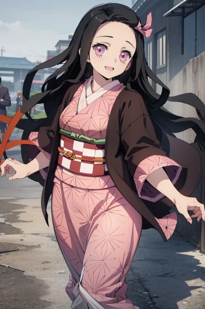 (masterpiece:1.3), (best quality:1.1), (8k, ultra detailed, ultra high res:1.2), ((anime style)), perfect 5 fingers, perfect anatomy,
1girl,
Kamado Nezuko,
BREAK long hair, wavy hair, forehead
black hair,
pink eyes,
ribbon,
small breasts,
BREAK japanese clothes, pink kimono, brown haori, obi,
smile,
looking at viewer,
cowboy shot,
BREAK outdoor, antastic atmosphere, butterfly,