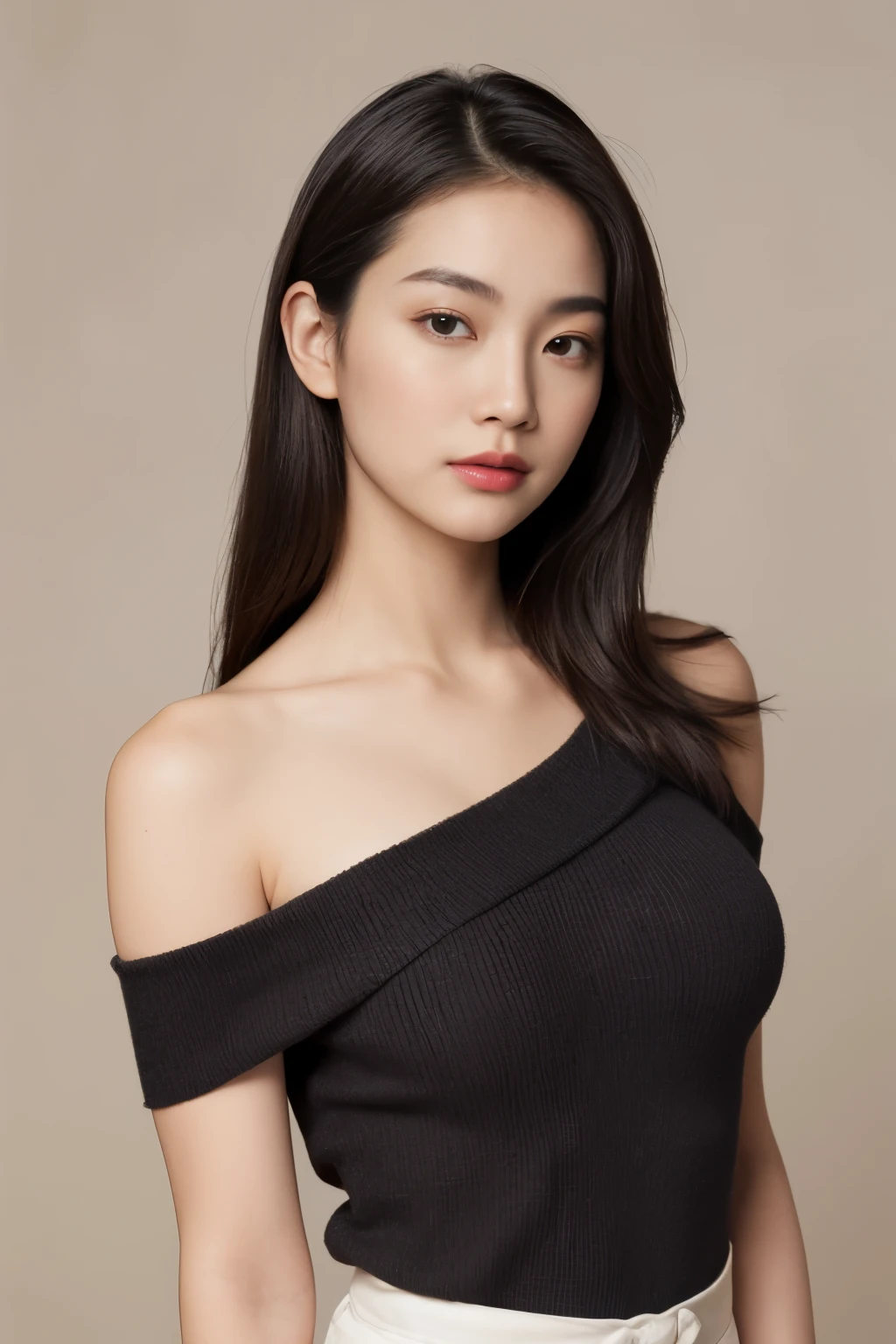 highest quality, masterpiece, Ultra-high resolution, (Realistic:1.4), RAW Photos, 19 years old, Simple gray background, ((Tight tube top、Upper Body、Lean forward、Hair disheveled)), Looking at the audience