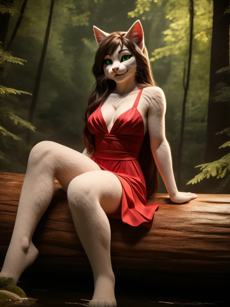 Sexy Posing, lying on log, Female, 30 years old, cute, eyeliner, long hair, biting lip smile, red dress, bedroom eyes, anthro, cat ears,tebby cat, forest background, 8k, hi res, (best quality, masterpiece), green eyes, cat tail