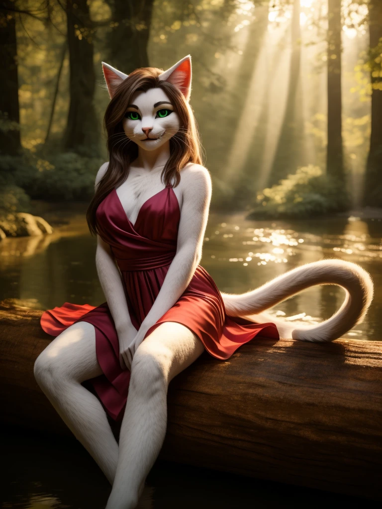 Sexy Posing, lying on log, Female, 30 years old, cute, eyeliner, long hair, biting lip smile, red dress, bedroom eyes, anthro, cat ears,tebby cat, forest background, 8k, hi res, (best quality, masterpiece), green eyes, cat tail