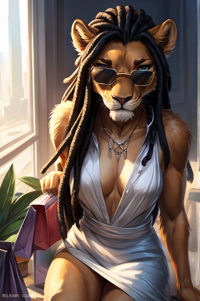 (anthro)) lion, Ross Tran, by ruan jia, by zaush, by foxovh Best Quality, masterpiece,, Illustration, Wallpaper,1girl in, Solo, black dreadlock hair, Semi-long hair, Beautiful detailed girl, extremely detailed eye and face, Beautiful detailed eyes, Shy, natural_Lighting, Glow,NSFW, Looking at Viewer, big ass, medium , wearing white expensive designer clothes with sunglasses with shopping bags, selfie in a office