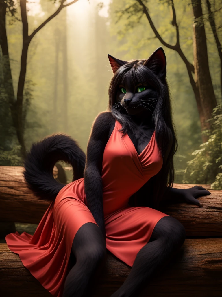 Sexy Posing, lying on log, Female, 30 years old, cute, eyeliner, long hair, biting lip smile, red dress, bedroom eyes, anthro, cat ears, (black fur:1.5),tebby cat, forest background, 8k, hi res, (best quality, masterpiece), green eyes, cat tail