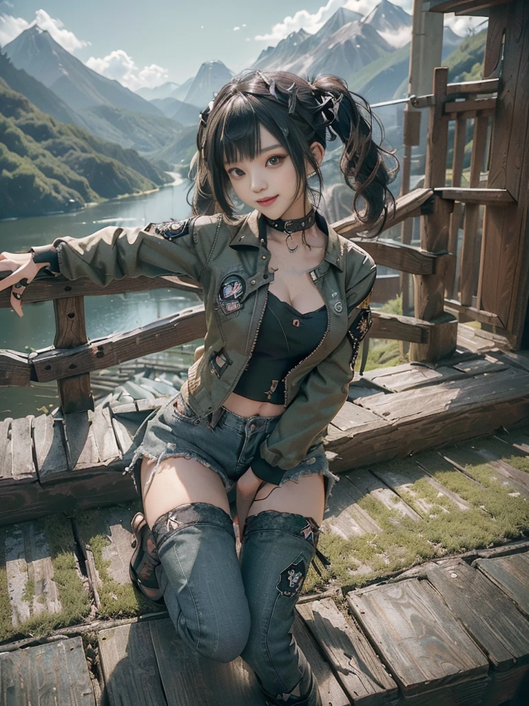 (Full Body View:1.4)、(Side view:1.1)、(Hostess:1.3)、(Smiling with teeth showing:1.3),(Shibuya Gal:1.5)、(y2k woman:1.4)、(Lolita Fashion:1.5)、(Punk RockVisual Kei:1.4)、(A modern short jacket in dark brown and moss green.:1.5)、(Tattered brown and charcoal denim low rise pants:1.5)、(Mustard Yellow Headband:1.3)、(Charcoal and khaki striped knee socks:1.4)、collar、(Brown platform long boots)、(Clothing with logo pattern:1.4)、20-year-old、NSFW,((Highest quality、In 8K、masterpiece:1.3))、Sharp focus:1.2、(Layered Cut、Beautiful boobs:1.1),Beautiful woman with perfect figure:1.4、(Doing an aerobics pose:1.3)、(Open legs:1.3)、(Raise your arms:1.2)、(Open your crotch:1.3)、Slender Abs:1.2、Butt、Highly detailed face and skin texture、Detailed eyes、double eyelid,(Twin tails:1.3)、(Black brown hair:1.3)、Dynamic Pose、Obscene pose、Humiliating pose、Gravure idol、(Vast mountains々A luxury resort destination with a lake and a lakeside setting:1.3)、(Make your legs thinner:1.4)、(Slim body:1.3)、(clavicle:1.1)、(Thin thighs:1.3)