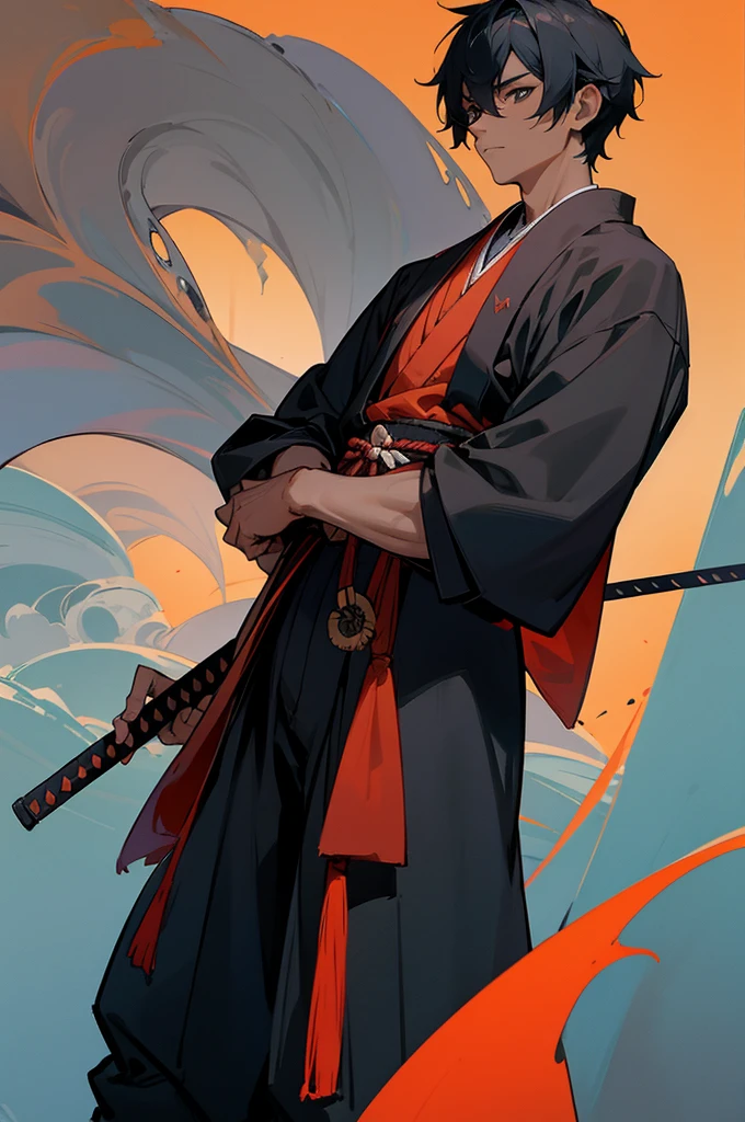 Rainy Night Swordsman, Have red irises, Have a unique and elegant aura. Swordsman costume pure black, Increase the contrast of a scene. Clever composition and arrangement, Capture a sense of energy. Broad vision, Demonstrates the enormity of the surrounding environment. Swordsman wielding katana, Display Fluid Blade, Dynamic, and fatal. The atmosphere filled with intense and unrestrained bloodthirst. The overall image characterized by its flawless execution, Every detail carefully drawn. lights cast dramatic shadows, Emphasis on the swordsman's strength and determination. Color palette dominated by red, further aggravated the atmosphere at the scene.