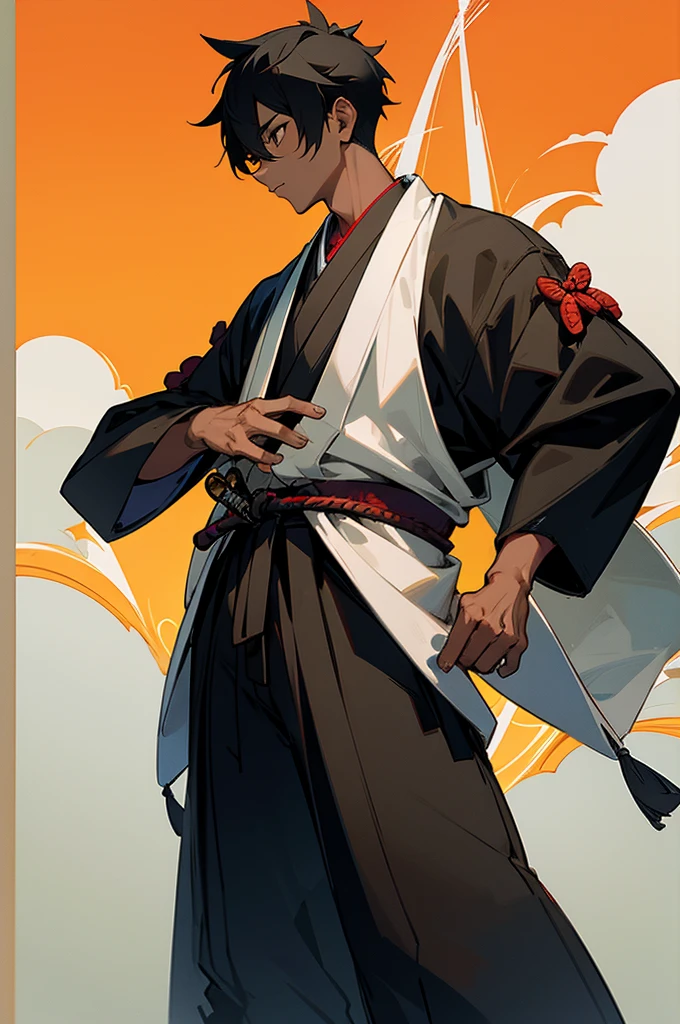 Teen , male, samurai Clothing, Standing pose, Town background, black skin color