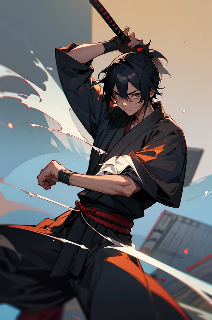 , male, samurai Clothing, Standing pose, Town background, black skin color