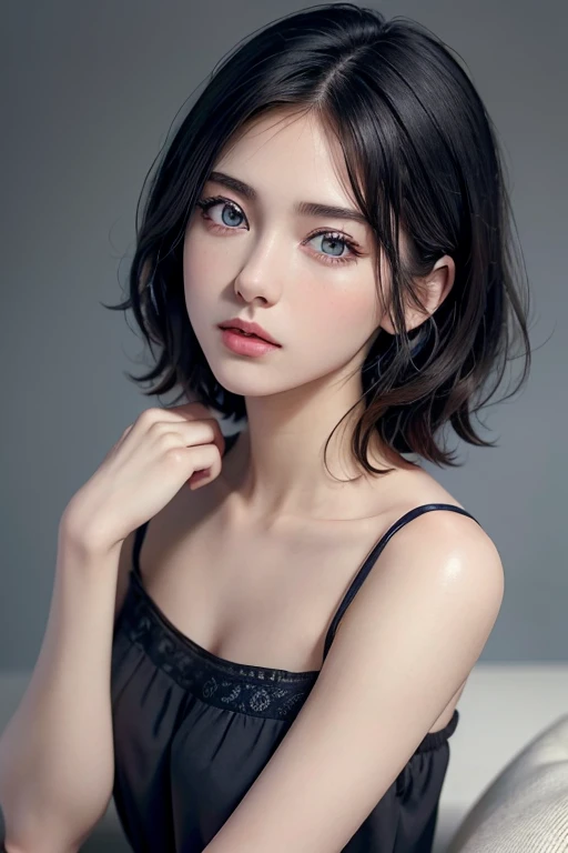 (award winning, 8k, super detailed, high resolution, best quality, photography, perfect anatomy), 1girl, solo, 20 years old girl, beautiful girl, beautiful eyes, detailed eyes, (black eye), Wear a navy blue see-through blouse, short hair, black hair, sitting in lounge, POV, ((upper body portrait)), chill atmosphere, zoom out shoot