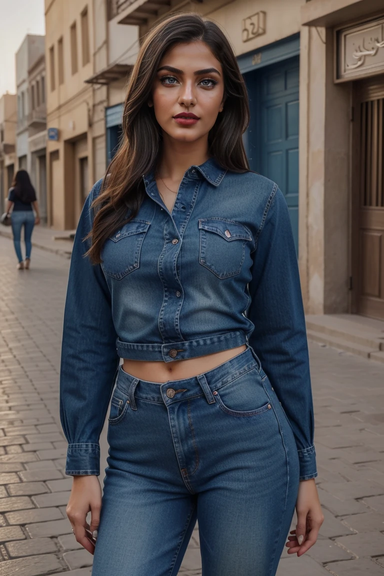 Instagram models pose, in basic blue jean clothes , full entire body, beautiful detailed eyes, beautifully detailed red lips, extremely detailed eyes and face, short, ((best qulaity)), ((masterpiece)), (detailled), perfect face, full entire body, in iran streets