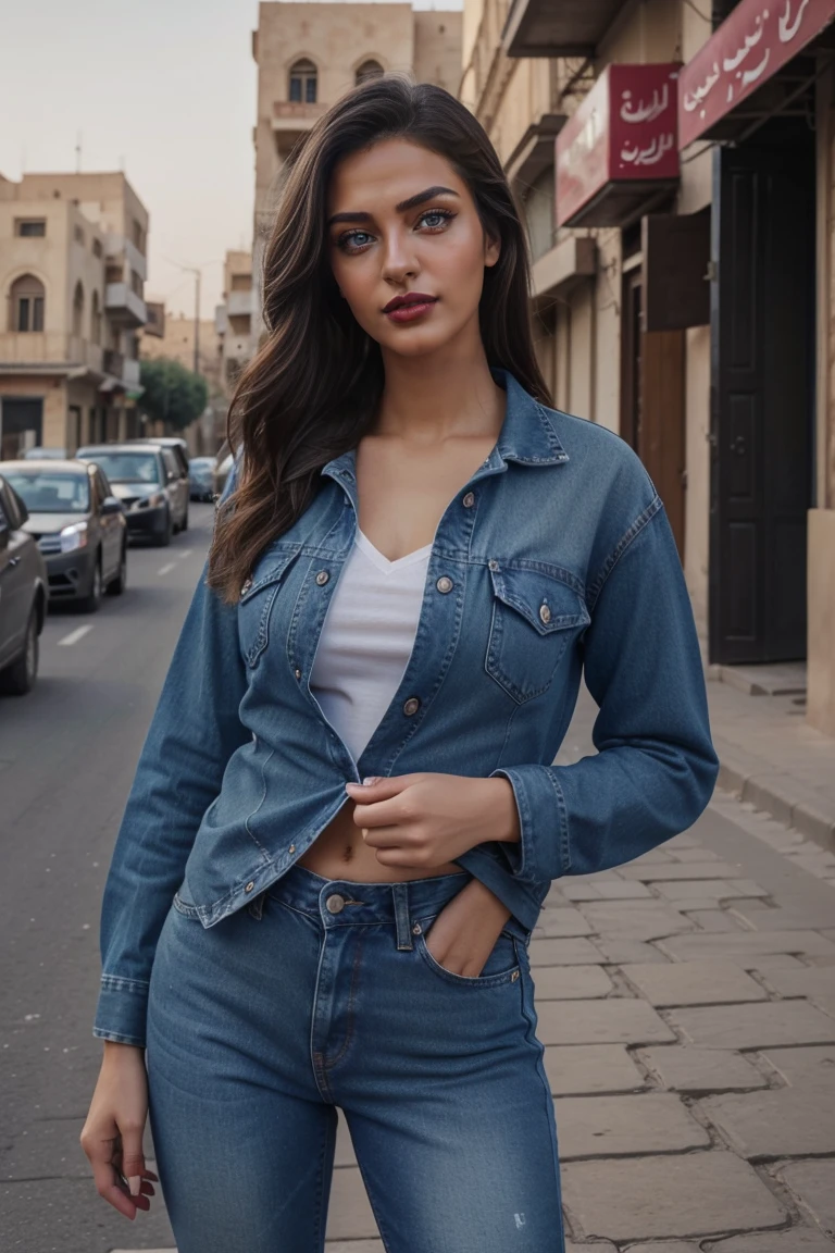 Instagram models pose, in basic blue jean clothes , full entire body, beautiful detailed eyes, beautifully detailed red lips, extremely detailed eyes and face, short, ((best qulaity)), ((masterpiece)), (detailled), perfect face, full entire body, in iran streets