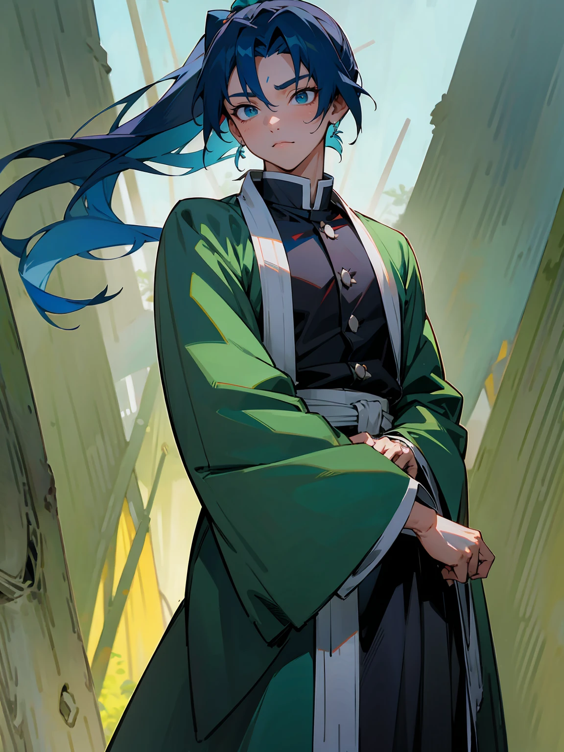 1male, Adult, Deep Blue Hair, Medium Length Hair, White Inner Hair, Ponytail, Forest Haori, Green Face Mark, Forest Background, Standing in Forest, Demon Slayer Uniform