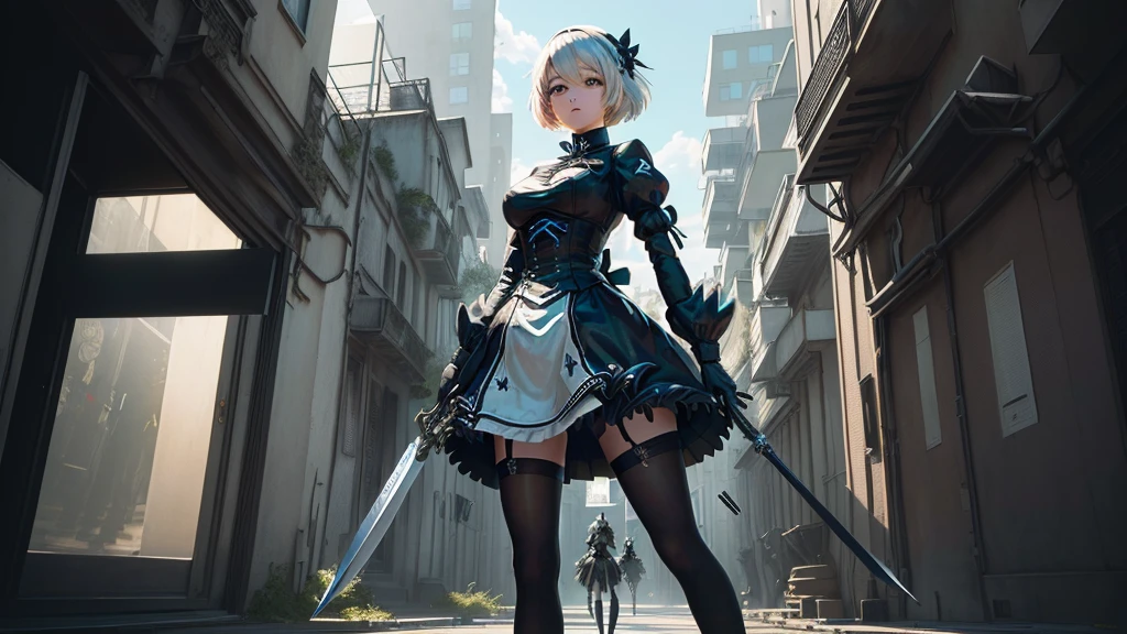 anime girl avec épée dans un décor de ville futuriste, 2 b, 2B, film still of 2B Nier Automates, plus inspiré, nier : automates inspirés, plus de formes, yeux rouge, une épée