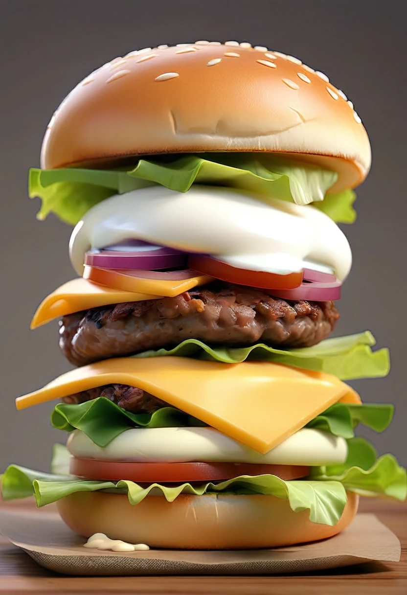 Cartoon little burger, bun bread, mayonaise, patty, cheese, lettuce, beef slice, bun bread