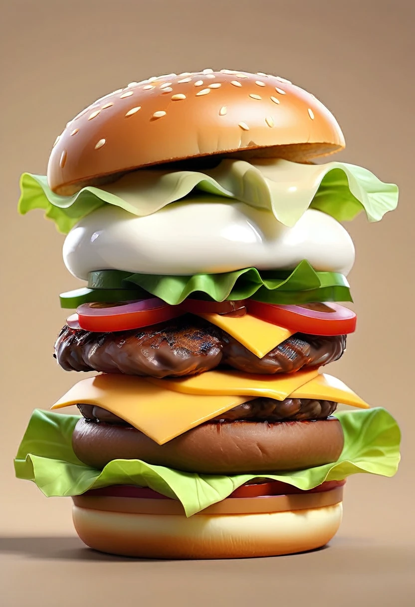 Cartoon little burger, bun bread, mayonaise, patty, cheese, lettuce, beef slice, bun bread