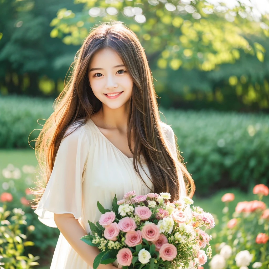Create an image of a young woman around 25 years old, inspired by the provided image. The woman should have long, flowing hair and a gentle smile, holding a bouquet of flowers similar to the one in the reference. The setting should be a beautiful outdoor environment with greenery in the background, reminiscent of a sunny day. The woman should have a slightly more mature appearance while maintaining a warm and friendly expression. Ensure the lighting and color tones are soft and natural, highlighting her youthful yet mature beauty.