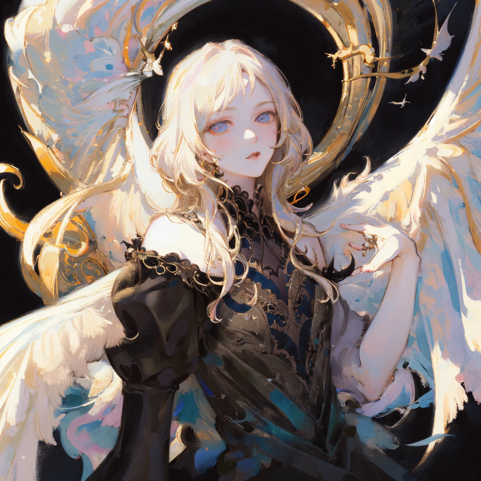 (Designed by nty:1.4), tmasterpiece: 1.7, top-quality、(highly detailed CG、ultra - detailed、The best shadow:1.1)、solo、painting-like、a sketch、Paper texture、Ultra-high resolution、The facial details are particularly rich、flatcolors、The facial details are particularly rich、current、limited pallet、low-contrast、(satanic、Black wings:1.2)、Dark color dress,、A mature woman、The best lighting、Beutiful women、grieves、blanche:1.6、(tangled、datura、controversy、wring:1)