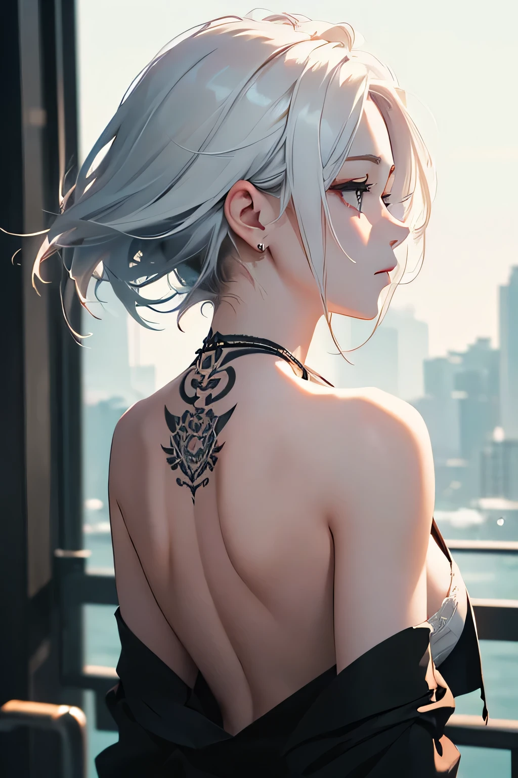 (Image from chest up:1.4)((masterpiece:1.5,Highest quality,Beautiful images、2.5D、Abstract、Artistic、Portraiture))(1girl, solo)(medium breasts, white hair、bob hair、Beautiful cleavage、Exposing shoulders、Tattoo on shoulder)(Profile Portrait,Gaze sideways、Gaze diagonally、Shake your head、A sad expression, floating hair)(Monotone artistic background、Solid color background)((from behind:1.5)),Landscape