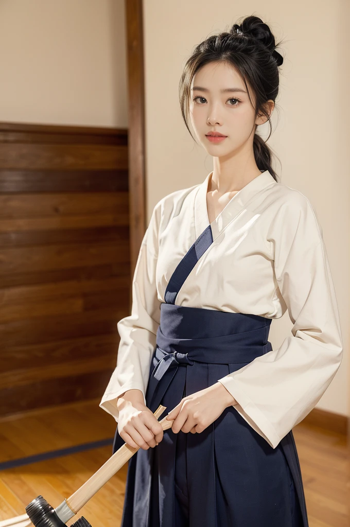 (((best quality))),(((ultra detailed))),(((masterpiece))),illustration,1girl,solo,tonogui,short ponytail,slim,thin,small breasts,flat chest,white collar,white kendogi,three-quarter sleeves,maxi navy-blue kendo hakama,standing in kendo gym,(holding a bokuto:1.3),arms behind back,focused and determined expression,ready for challenge,slender and elegant face,confident and resilient,fair skin,blush,neat teeth,bright smile,clean and tidy uniform,wooden gym floor,wall,pine scent,standard grip,ready to slice through obstacles,strong belief,determination,spirit of resilience,admiring,from front,upper body,