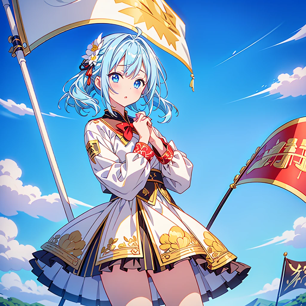 1girl、Dynamic composition、marching band、(((Masterpiece、Highest quality、Official Art、Super detailed、Handsome face、Dynamic composition)))、Anime Style、(Milky white and blue hair:1.3),(blue eyes:1.4),(Bright colors:1.4),((麻の葉background:1.3)),, marching bandのユニフォームを着たクールな女の子, marching bandの帽子、mini skirt, Frills, Black and white with gold embroidered flag held in both hands,(background:Large red flag on the back with gold floral embroidery, Note, )、euphonium、Huge Flag、