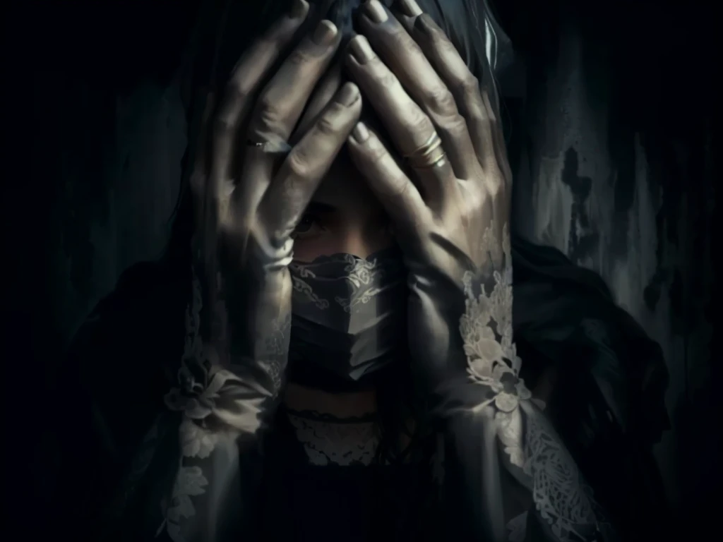 A woman covers her face with her hands in a dark room, hold one's head, Hands covering the face, Distraught, A still from a psychological horror film, Closed hands, Lee Jeffries, inspired Lee Jeffries, sorrowと絶望, Horror, Uneasy, Horror, Extreme drama, frustration, Hidden hands and face, sorrow. Complex, Mental illness, Anxious anxiety