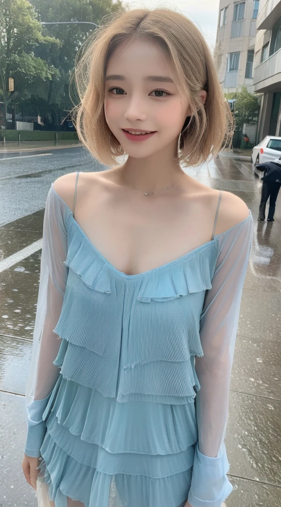 ((Highest quality, 8K, masterpiece:1.3)), concentrated: 1.2, Perfect Body Beauty: 1.4, Hips: 1.2, ((Layered Haircut, chest: 1.2)), (Wet clothes: 1.1), (rain, street:1.3), Bandeau dress: 1.1, Highly detailed face and skin texture, Beautiful Eyes, double eyelid, Whitening skin, Long Hair, (shut up: 1.3), smile