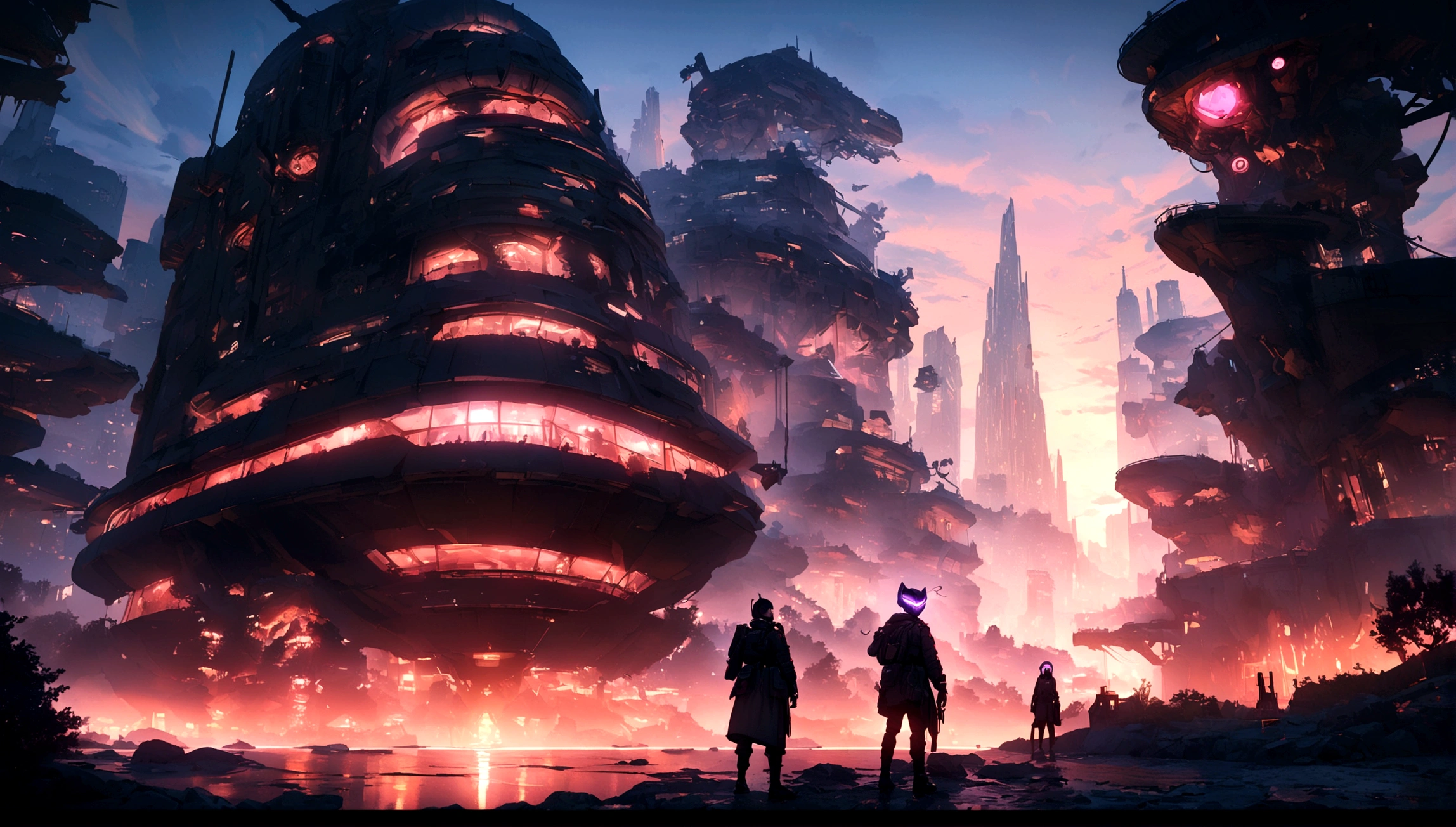 SF City, Futuristic Style, sunset, landscape, Cityscape, 4K, super high quality, detailed, New casualism, Retro, Minimalism, Biopunk , Wear a cyberpunk mask, Purple mask, detailedマスク, Facial portrait, | |, War Room, Cyberpunk military structure, HTING Pro, highly detailed, Micro detail, Complex, 8K, hyper detailed, realレンダリング, Unreal Engine, Surreal, real, extremely coherent, Fantasy, Cinematic lighting, At night, A magnificent composition, masterpiece, Cinematic,