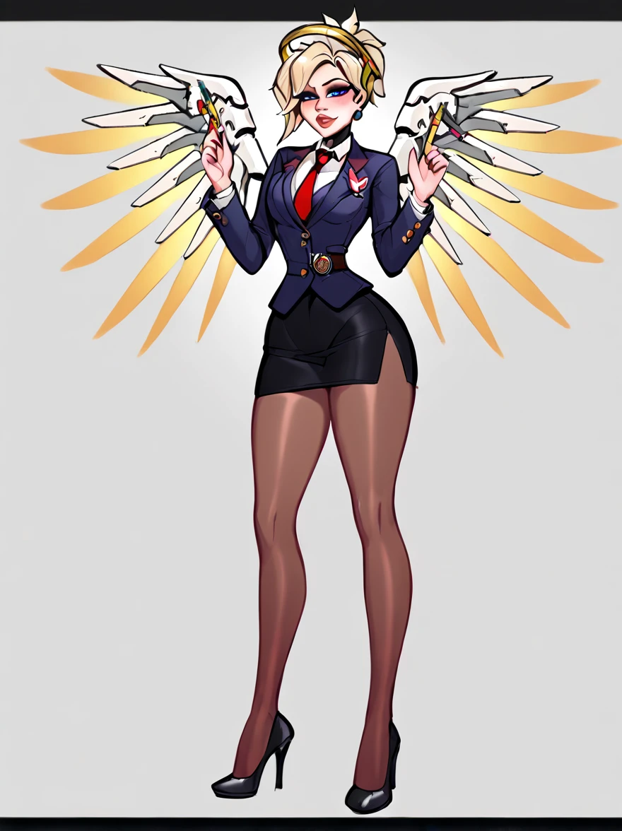 score_9, score_8_up, score_7_up, score_6_up, score_5_up, score_4_up,
BREAK
1girl, mercy \(overwatch\), blonde hair,
BREAK
solo, standing, skirt suit, (((three-piece suit))), silk necktie, blazer, (((suit jacket))), (((waistcoat))), double-breasted waistcoat, (((bodycon miniskirt))), (((pencil skirt))), cufflinks, tie clip, pocket square, pocket watch, pantyhose, high heels
BREAK
white background, simple background, 