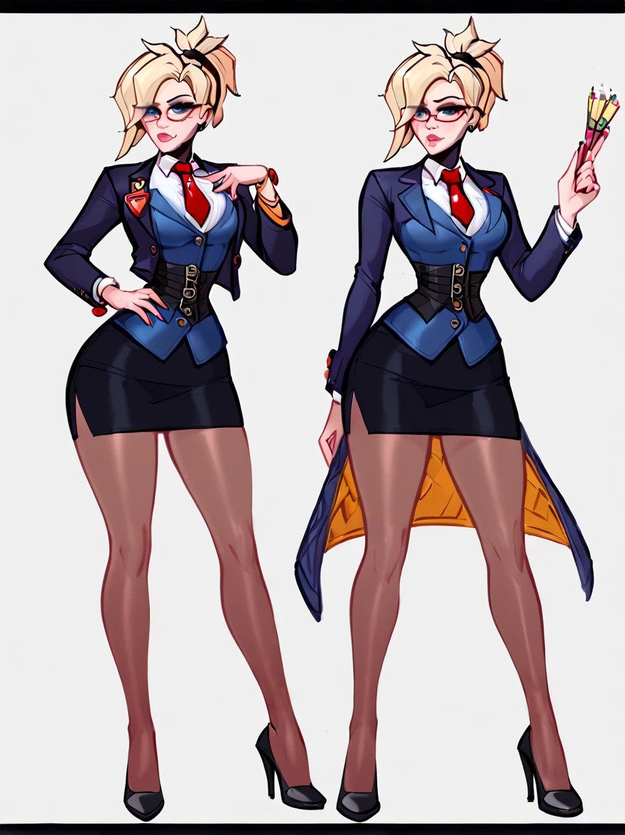 score_9, score_8_up, score_7_up, score_6_up, score_5_up, score_4_up,
BREAK
1girl, mercy \(overwatch\), blonde hair,
BREAK
solo, standing, skirt suit, (((three-piece suit))), silk necktie, blazer, (((suit jacket))), (((waistcoat))), double-breasted waistcoat, (((bodycon miniskirt))), (((pencil skirt))), cufflinks, tie clip, pocket square, pocket watch, pantyhose, high heels
BREAK
white background, simple background, 