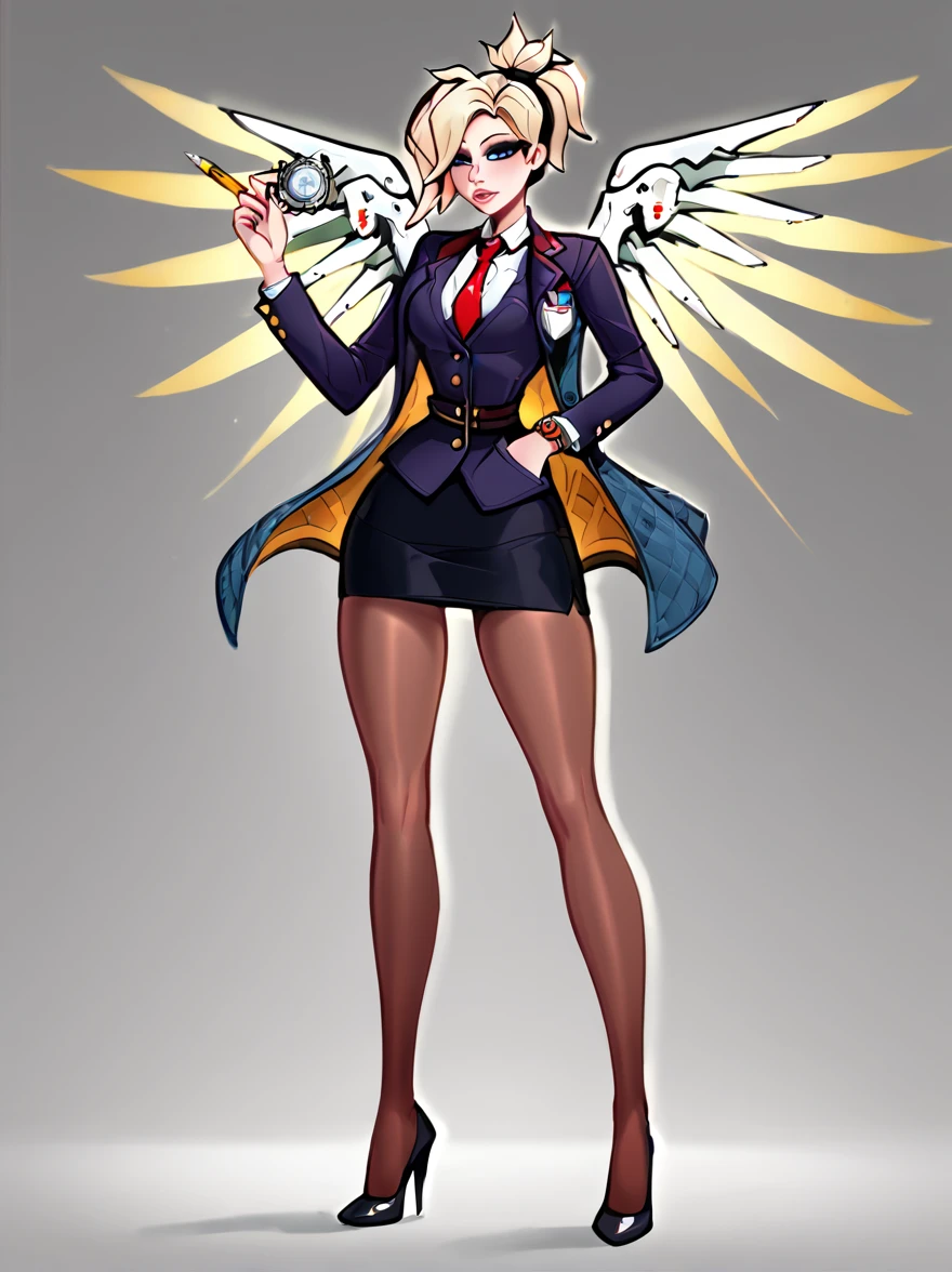 score_9, score_8_up, score_7_up, score_6_up, score_5_up, score_4_up,
BREAK
1girl, mercy \(overwatch\), blonde hair,
BREAK
solo, standing, skirt suit, (((three-piece suit))), silk necktie, blazer, (((suit jacket))), (((waistcoat))), double-breasted waistcoat, (((bodycon miniskirt))), (((pencil skirt))), cufflinks, tie clip, pocket square, pocket watch, pantyhose, high heels
BREAK
white background, simple background, 