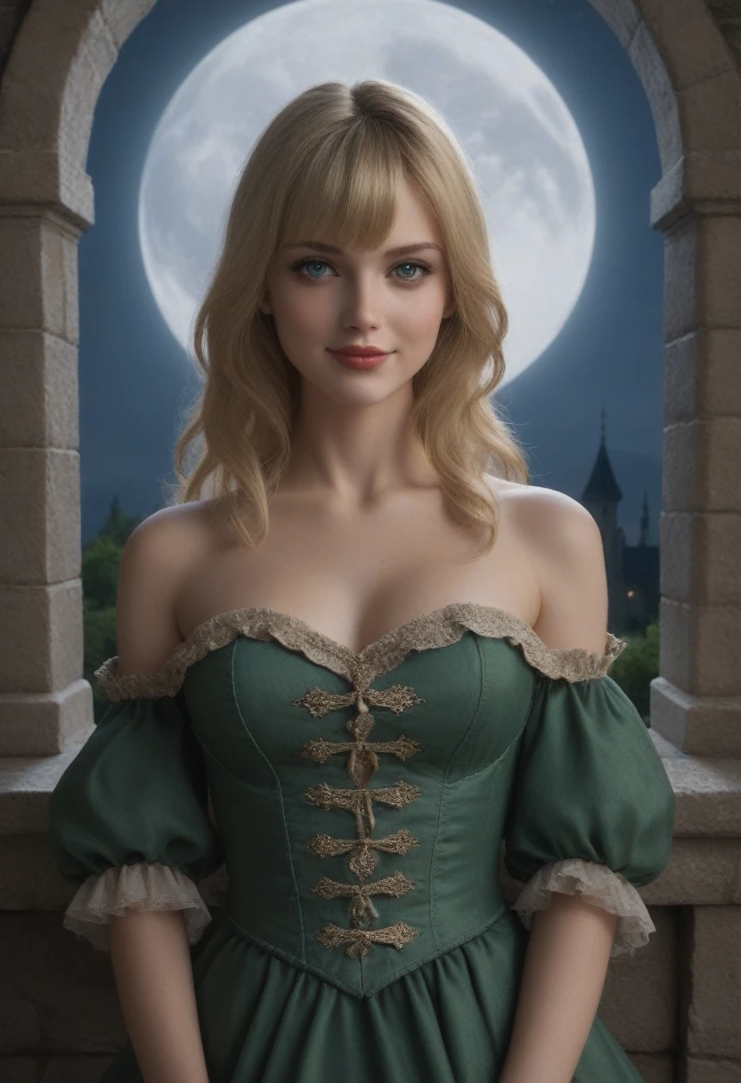 score_9, score_8_above, score_7_above, 1girl, realistic, blonde long hair with bangs, blue_eyes, realistic skin texture, detailed picture, upper_body, HD32k, royal_garden, medieval_castle, elegant_green_dress, off_shoulder_dress, moonlight, night, fullmoon, seductive_smile, red_lips, puckered_lips