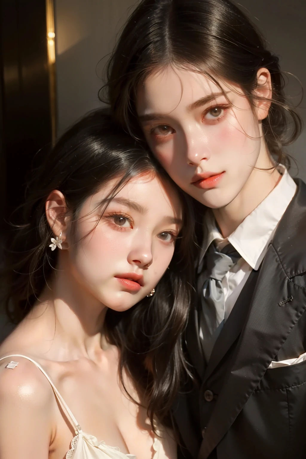 A beautiful and gentle lady and a suave and handsome man,Two people leaning together,Sweet atmosphere,Two people standing in the mansion,Perfect face