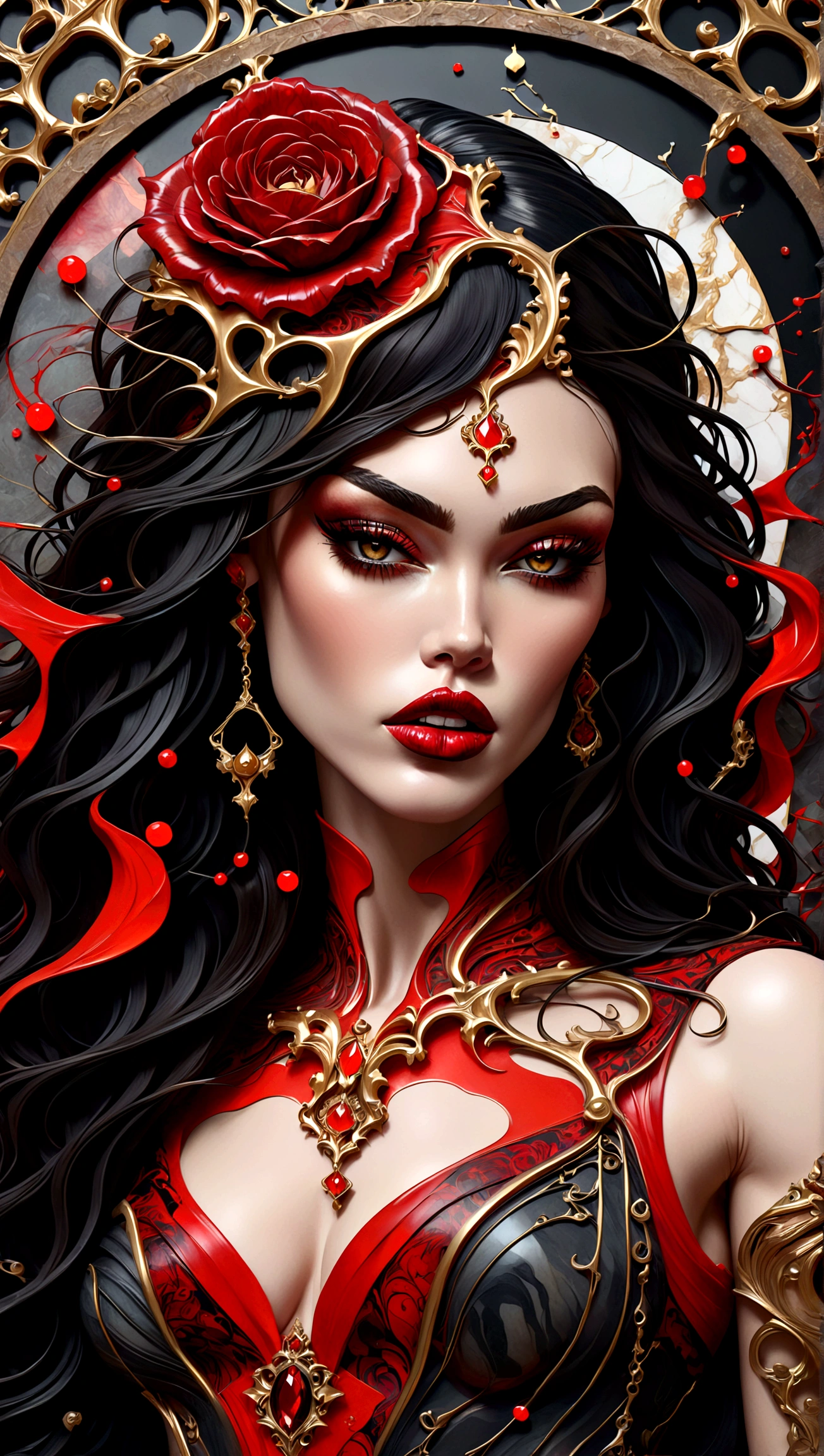 a beautiful illustration of megan fox as a very muscular vampire girl in an abstract marble texture with a tarot style frame, with colors of obsidian black, shiny gold, and ruby red, highly detailed, intricate design, BY Anne Bachelier,