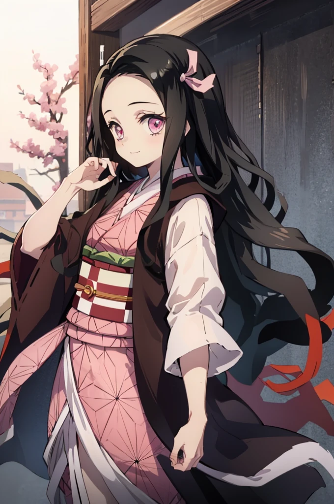 (masterpiece:1.3), (best quality:1.1), (8k, ultra detailed, ultra high res:1.2), ((anime style)), detail perfect 5 fingers, perfect anatomy,
1girl,
Kamado Nezuko,
BREAK long hair, wavy hair, forehead
black hair,
pink eyes,
ribbon,
small breasts,
BREAK japanese clothes, pink kimono, brown haori, obi,
smile, dynamic pose, (jumping:1.2),
looking at viewer,
cowboy shot,
BREAK age of Edo, city, village, outdoor,
