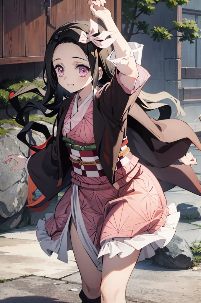 (masterpiece:1.3), (best quality:1.1), (8k, ultra detailed, ultra high res:1.2), ((anime style)), perfect 5 fingers, perfect anatomy,
1girl,
Kamado Nezuko,
BREAK long hair, wavy hair, forehead
black hair,
pink eyes,
ribbon,
small breasts,
BREAK japanese clothes, pink kimono, brown haori, obi,
smile,
looking at viewer,
cowboy shot,
BREAK outdoor, age of Edo,