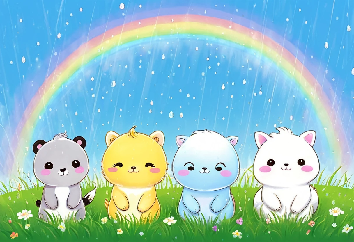 there are four animals standing in the grass under a rainbow, Cute digital art, Cute Animals, Adorable digital painting, Cute artwork, Cute and detailed digital art, Cute Creatures, かわいい絵本のAn illustration, かわいいAn illustration, Cute and detailed artwork, raining rainbow, Cute Characters, Cute cartoon, rainbow, 公式An illustration, Cute art, Peaceful Animals, Cute Colorful Adorable, Beautiful artwork,An illustration、