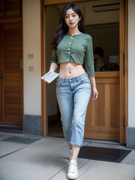 (best quality, Masterpiece, Realistic photos, very detailed, Ultra high resolution, raw:1.3), 1 woman, beautiful, Japan, in university, A young university girl wears a green button-up crop top., Blue Jeans, showing navel, College Student, navel, (canvas shoes, ขาbeautiful, full body), Walking place, holding a book, Dress well 