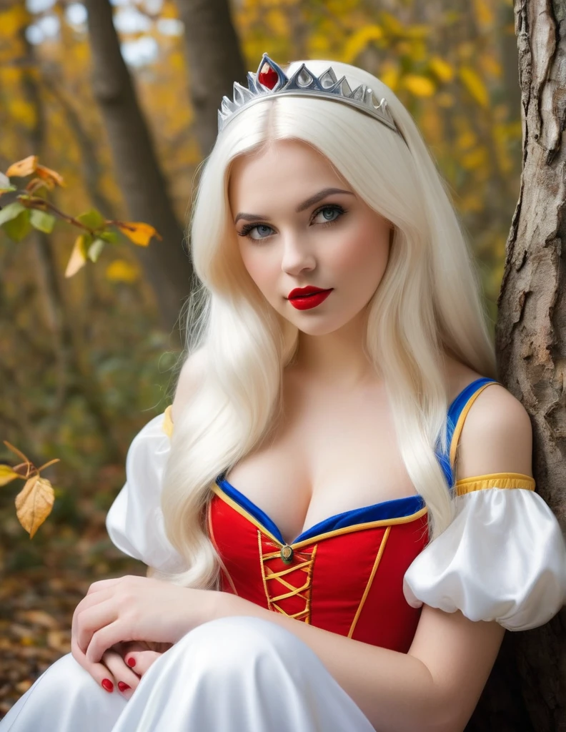 very attractive 25 year old girl with long platinum blonde hair, dressed as snow white from snow white and the seven swarfs, photo quality