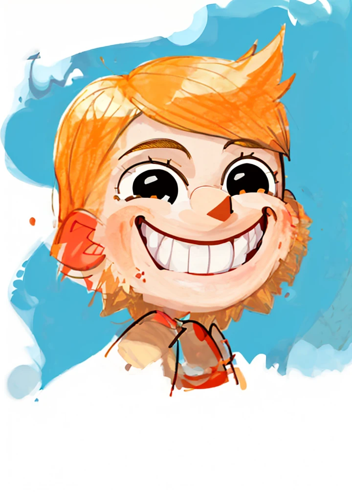 A happy animated character with blonde hair and red cheeks. He is smiling and showing his teeth. 2d cartoon style