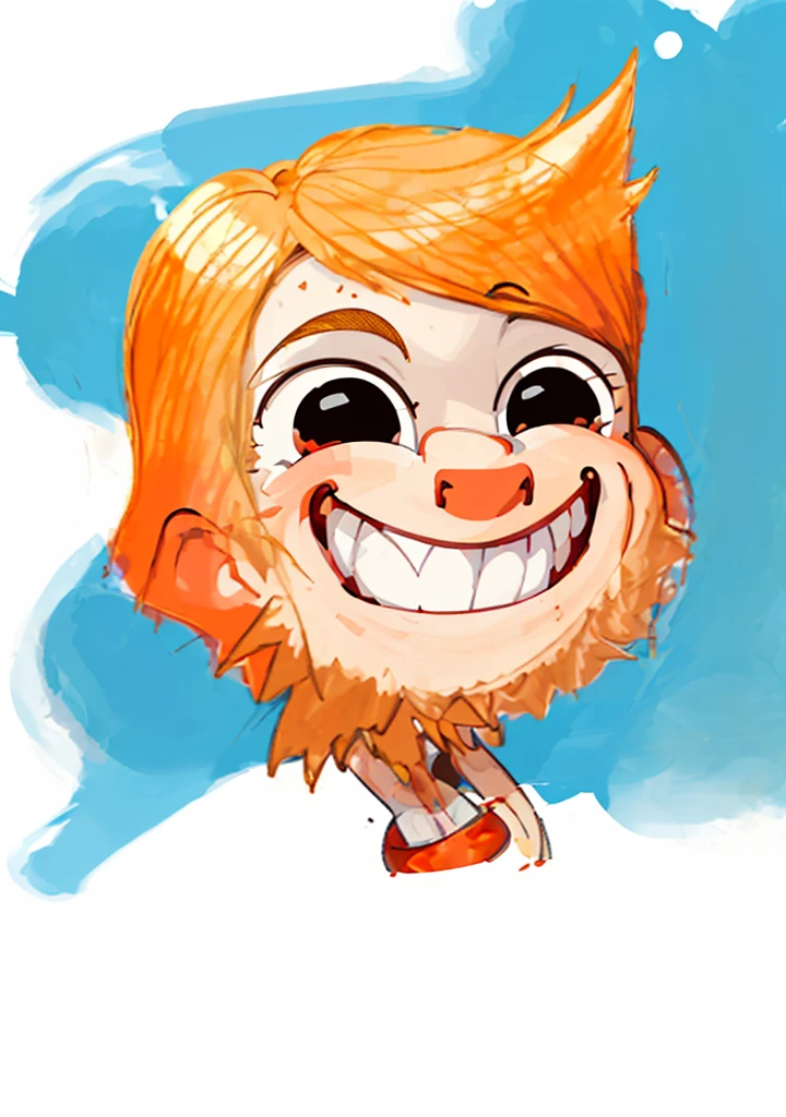 A happy animated character with blonde hair and red cheeks. He is smiling and showing his teeth. 2d cartoon style