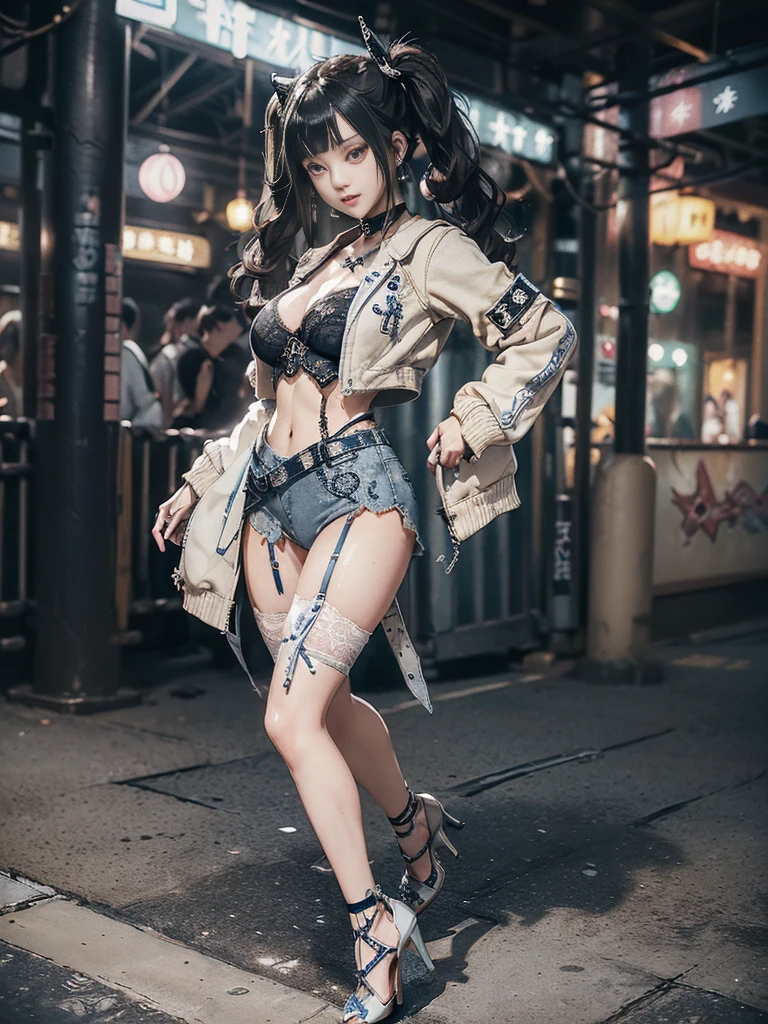 (Full Body View:1.4)、(Full body:1.4)、(Smiling with teeth showing:1.3),(Shibuya Gal:1.5)、(Hostess:1.4)、(Neo-goth fashion:1.5)、(Punk RockVisual Kei:1.3)、(Futuristic bodysuit in white, beige and denim with embellishments:1.5)、(A delicate short jacket in denim, beige and navy:1.5)、(Denim garter belt:1.5)、(Tattered denim and a white micro mini skirt:1.3)、(Heart-shaped silver accessories:1.5)、(Brown Skin Belt:1.4)、(Blue High Heels:1.4)、(Lace patterned underwear:1.4)、20-year-old、NSFW,((Highest quality、In 8K、masterpiece:1.3))、Sharp focus:1.2、(Layered Cut、Huge boobs:1.1),Beautiful woman with perfect figure:1.4、(Doing an aerobics pose:1.3)、Slender Abs:1.2、Butt、Highly detailed face and skin texture、Detailed eyes、double eyelid,(Twin tails:1.3)、(Black brown hair:1.3)、Obscene、Gravure idol、(Luxurious amusement park at night:1.3)、(Make your legs thinner:1.4)、(Thin thighs:1.4)、(Slim body:1.3)、(clavicle:1.1)