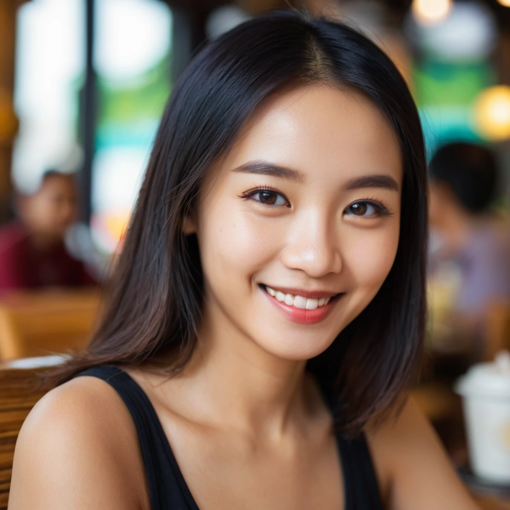 headshot photo of indonesian woman, smiling, looking at viewer, side view, blurry cafe background