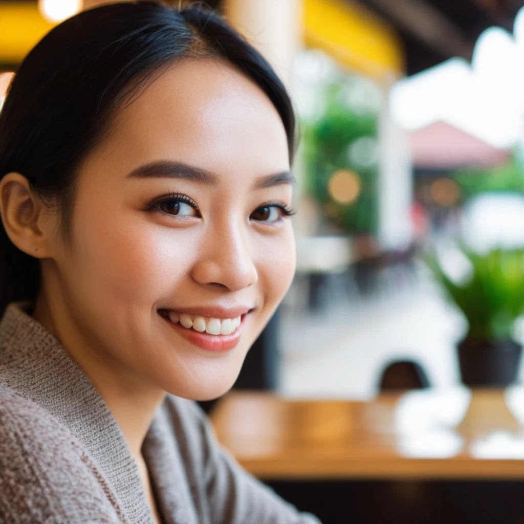 headshot photo of indonesian woman, smiling, looking at viewer, side view, blurry cafe background