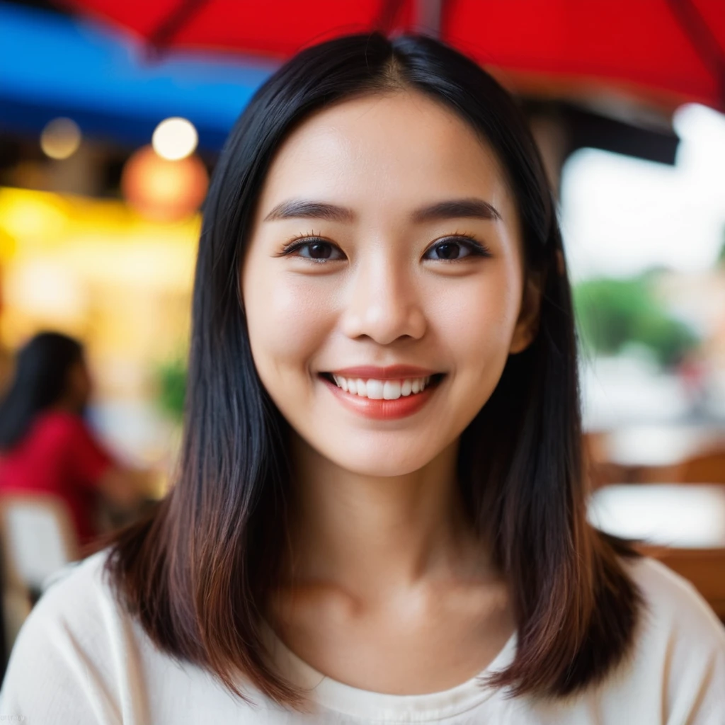 headshot photo of indonesian woman, smiling, looking at viewer, side view, blurry cafe background