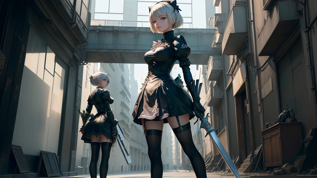 anime girl avec épée dans un décor de ville futuriste, 2 b, 2B, film still of 2B Nier Automates, plus inspiré, nier : automates inspirés, plus de formes, yeux rouge, une épée