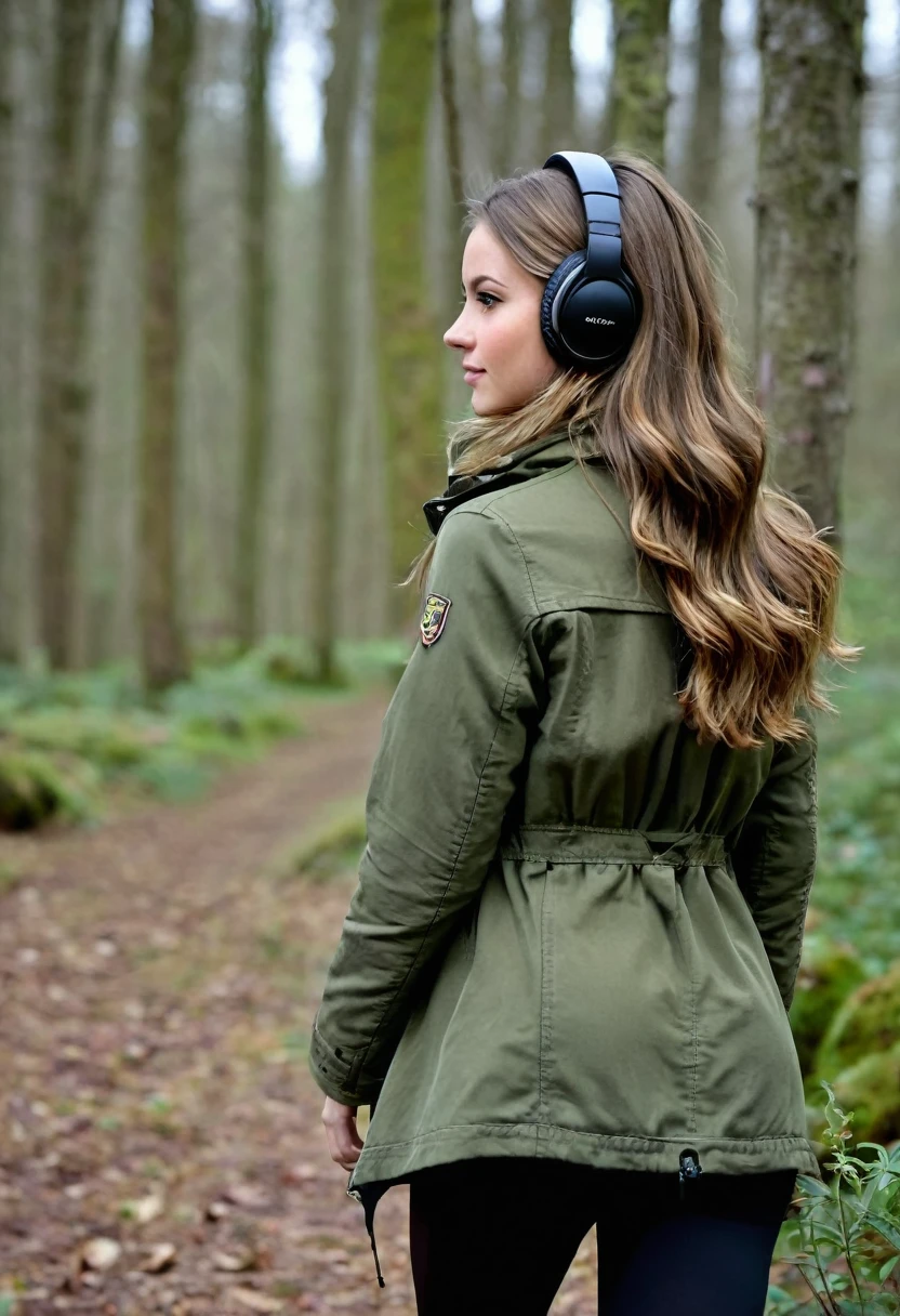 Far in the distance, a Dark blonde haired girl with very beautiful long hair down to her butt, wearing an olive green jacket, black leggings, dark brown mid calf stylish boots, wearing over the ear headphones on her head, 28 years old, only showing the view of her from behind her as she walks into the woods, with just a little of the right side of her face with her hair down framing her face and the right side of her very small pretty nose, as she looks slightly over to the right
