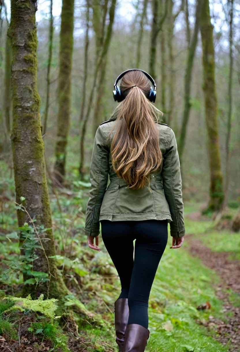 Far in the distance, a Dark blonde haired girl with very beautiful long hair down to her butt, wearing an olive green jacket, black leggings, dark brown mid calf stylish boots, wearing over the ear headphones on her head, 28 years old, only showing the view of her from behind her as she walks into the woods, with just a little of the right side of her face with her hair down framing her face and the right side of her very small pretty nose, as she looks slightly over to the right