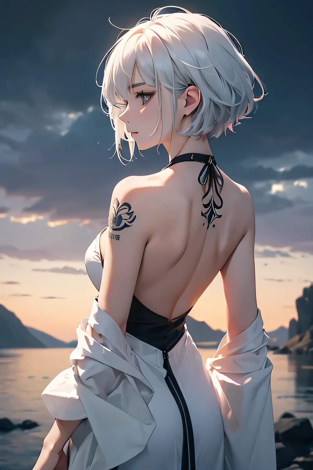 (Image from chest up:1.4)((masterpiece:1.5,Highest quality,Beautiful images、2.5D、Abstract、Artistic、Portraiture))(One girl, solo)(medium breasts, Gray Hair、short hair、Beautiful breasts、Expose your shoulders、Shoulder Tattoo)(profile、Look at an angle、shake your head、Sad look, Floating Hair)(Plain background:1.5)((from backside:1.5)),landscape