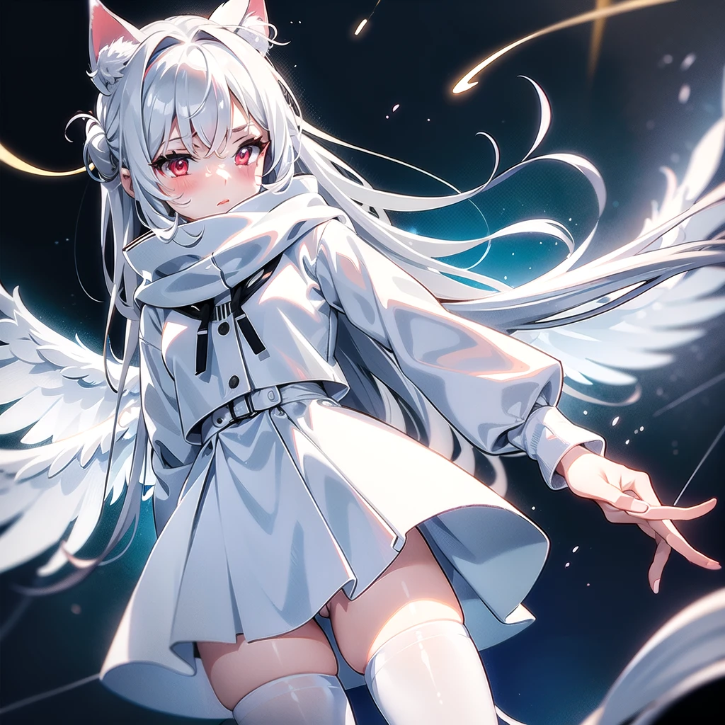 masterpiece, highest quality, highest resolution, clear_image, detailed details, White hair, long hair, cat ears, 1 girl, red eyes, white pantyhose, sci-fi military clothing, white scarf (white scarf around the neckwith a light blue glow), gray futuristic halo (gray halo over the head), white wings (4 wings), cute, fulld body, no water marks, outer space