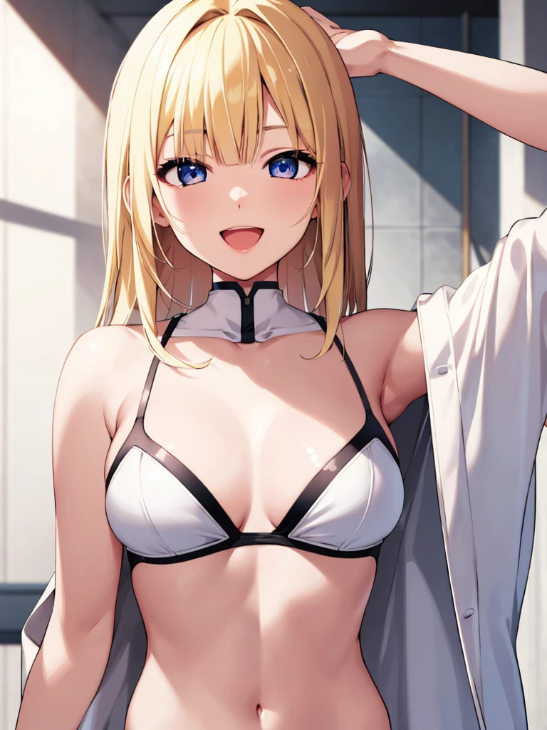 最high quality, high quality, 8K、High resolution,Highest quality、anime、solo、from the front、普通のWearing a white bikini大人のおねえさん,Six-pack、Open Mouth Smile、Gentle Eyes、Blonde、high qualityな青い瞳、We're so close that I can almost feel your breath、Long neck、bare hands、barefoot、belly button、maternal、Thighs、Background of a room with a chandelier、Standing with correct posture、Angela White、Wearing a white bikini、Majestic angel all over the body, animeの女神, Angela White, Epic pose,Wearing a white bikini美しく魅力的なanimeの女性, Huge and stunning goddess shots, Angel Knight Girl, Female angel, She has angel wings on her chest, Highly detailed goddess shot